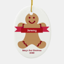 Brown gingerbread kid red banner name baby first ornaments