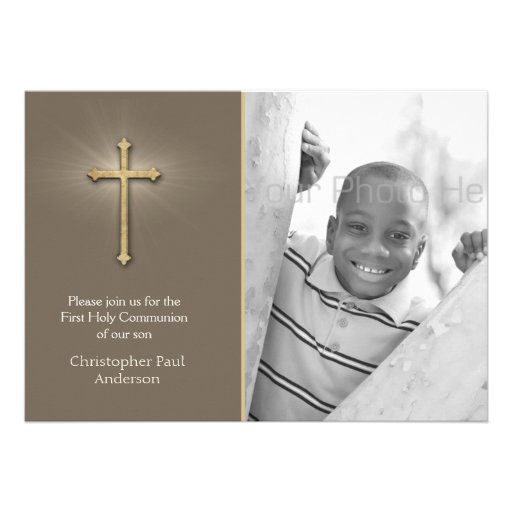 Brown, Gold Cross, Religious Photo Invite