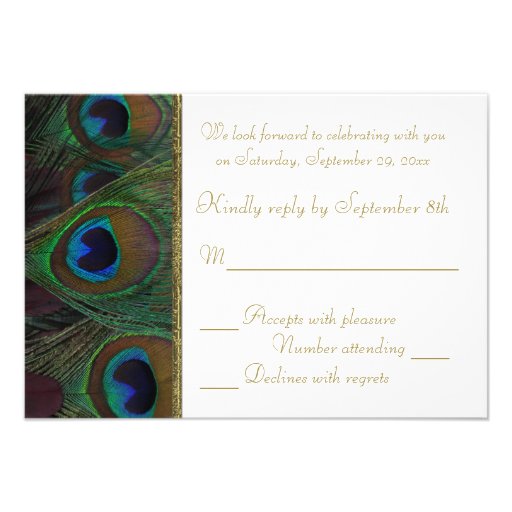 Brown, Gold Peacock Feathers RSVP Card Custom Invite