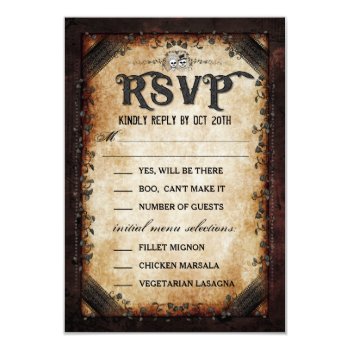 Brown Gothic Halloween Skeleton Matching Menu Rsvp 3.5x5 Paper Invitation Card by juliea2010 at Zazzle