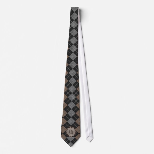 Brown, Gray and Black Argyle Print | Monogram Tie