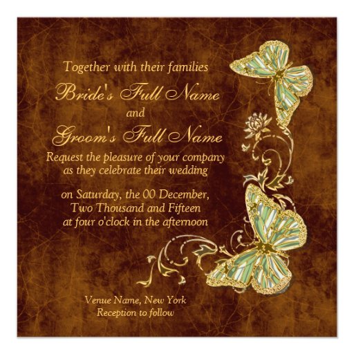 Brown green gold country wedding custom invitations