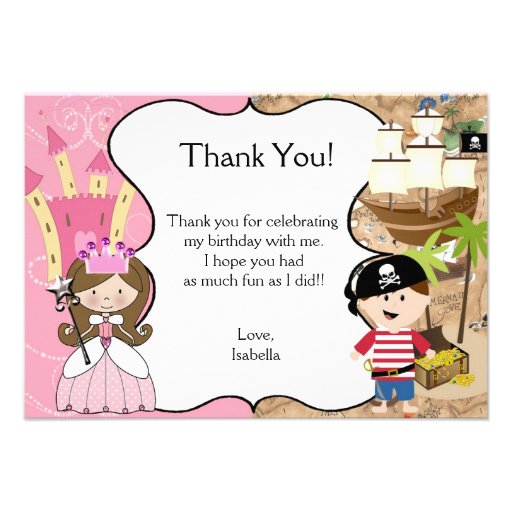 Brown Hair Princess & Pirate Party Thank You Card