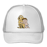 brown haired boy with big dog trucker hat