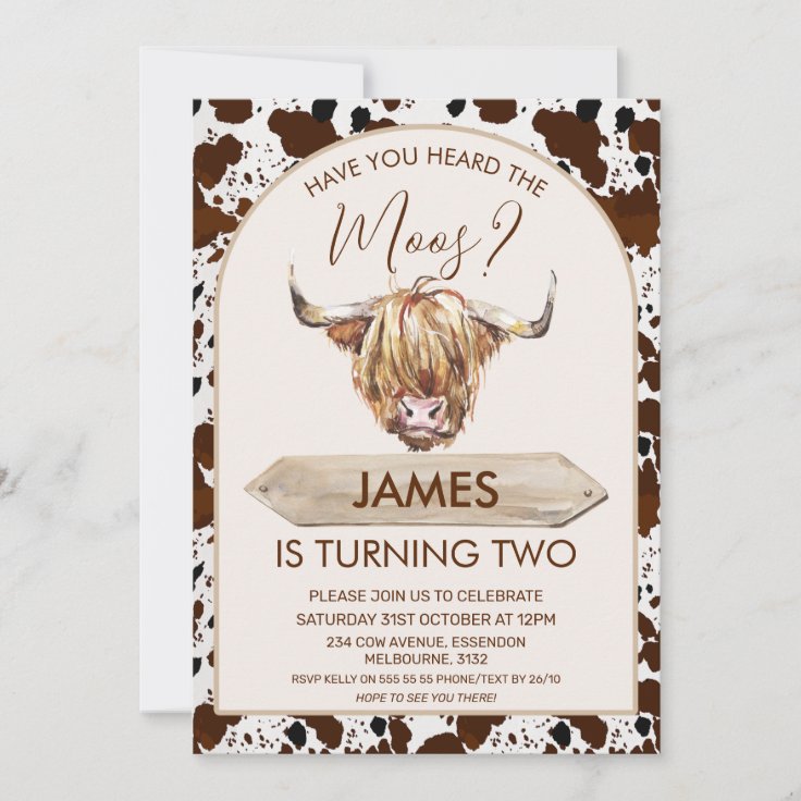 Brown Highland Cow Cow Print Birthday Party Invitation Zazzle