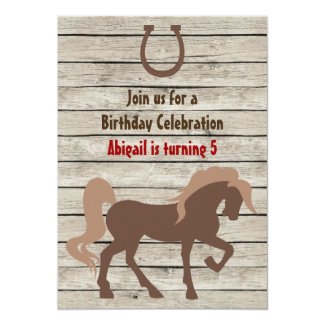Brown Horse and Barn Wood Girls or Boys Birthday 5x7 Paper Invitation Card