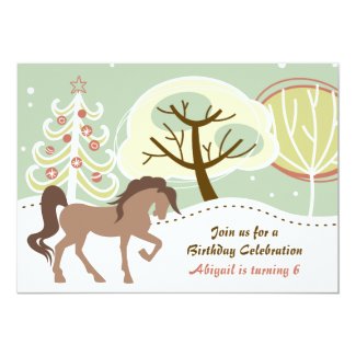 Brown Horse Snowy Winter Girls Birthday Party 5x7 Paper Invitation Card