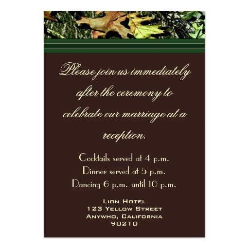 Brown & Hunter Green Camo Wedding Reception Cards Business Cards (back side)