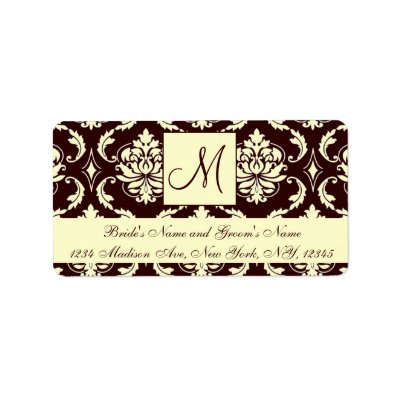 Brown Ivory Damask Monogram Wedding Address Labels by monogramgallery