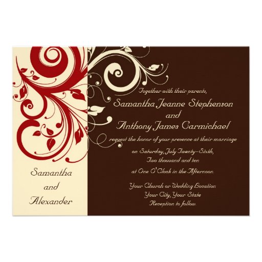 Brown/Ivory/Red Reverse Swirl Wedding Invitations