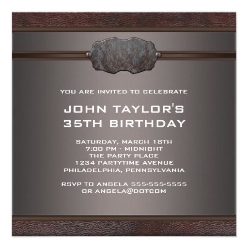 Brown Leather Mans 35th Birthday Party Custom Invite