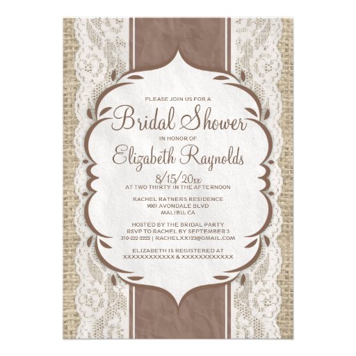 Brown Linen Burlap Lace Bridal Shower Invitations