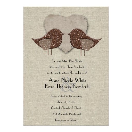Brown Lovebirds Linen Style Wedding Invitation