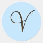 Brown Monogram V on Light Blue Favor Label Round Stickers
