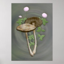 Brown Mushrooms with pink clover Print