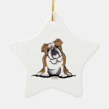 Brown n White English Bulldog Sit Pretty Christmas Tree Ornaments
