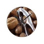 BROWN NUTS NUTCRACKER SILVER METAL FOODS PHOTOGRAP ROUND WALL CLOCKS