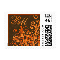 Brown Orange Abstract Floral Fall Wedding Postage