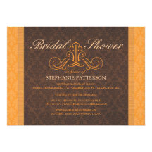 Brown Orange Chic Damask Bridal Shower Invitation