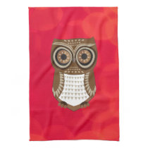 Brown Owl Red Background Kitchen Towel