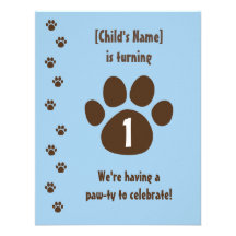 Brown Paw Print on Blue Birthday Personalized Announcements