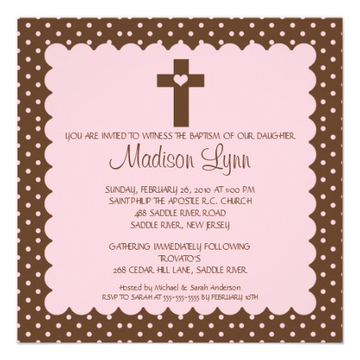 Brown & Pink Baby Girl Baptism Inviation Custom Invite