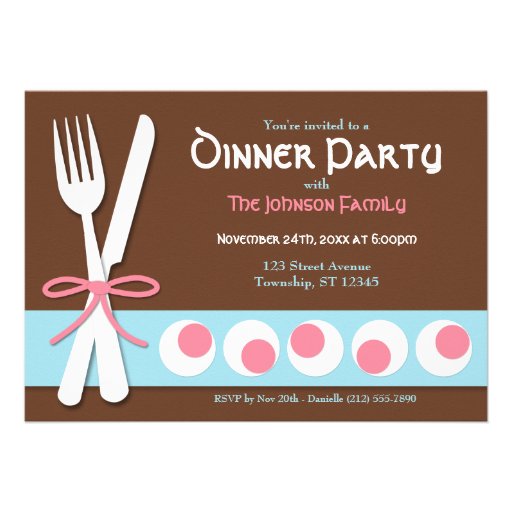 Brown Pink & Blue - Fork & Knife Dinner Invitation