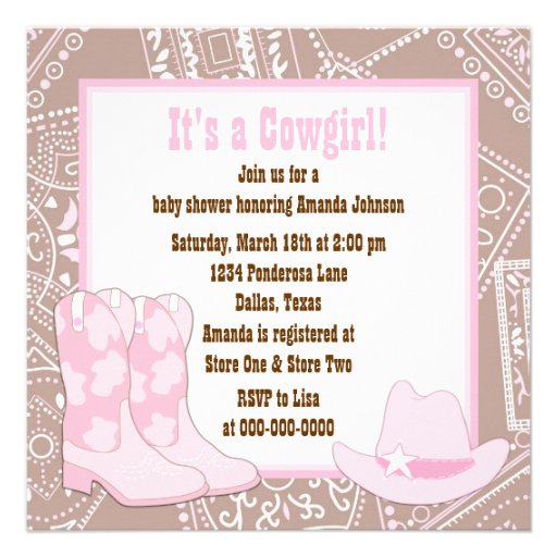 Brown Pink Cowgirl Baby Girl Shower Invitations