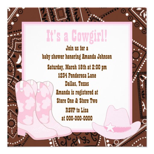 Brown Pink Cowgirl Baby Shower Invitations