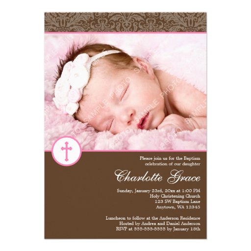 Brown Pink Damask Cross Girl Photo Baptism Announcements