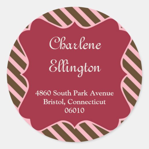 Brown pink frame holiday stripes red address label round sticker