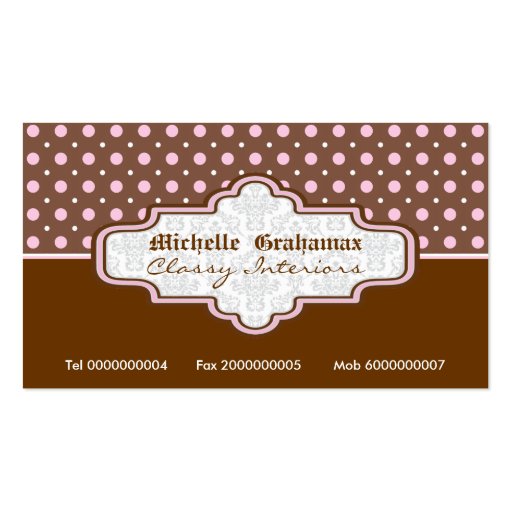 Brown pink polka dot interiors business cards (front side)