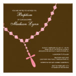 Brown & Pink Rosary Baby Girl Baptism Inviation Announcements