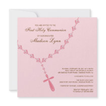 Brown Pink Rosary First Holy Communion Invitation