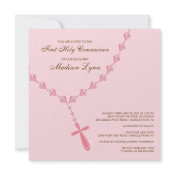 Brown Pink Rosary First Holy Communion Invitation invitation