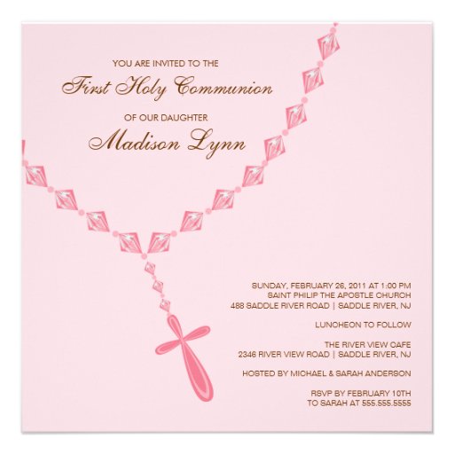 Brown Pink Rosary First Holy Communion Invitation