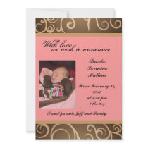 Brown & Pink Swirls Birth Announcement