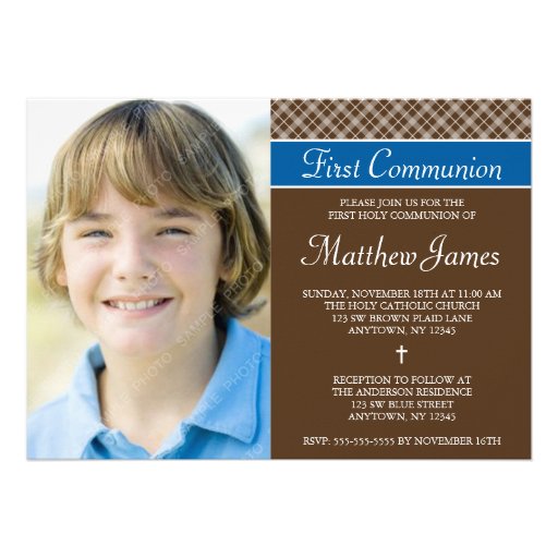 Brown Plaid Boy Photo First Holy Communion Invite (front side)