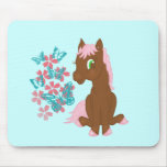Brown Pony with Flowers and Butterflies Mousepad
