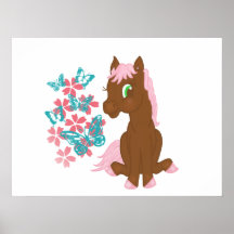 Brown Pony with Flowers and Butterflies Print