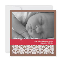Brown red elegant damask merry Christmas holiday Personalized Announcement