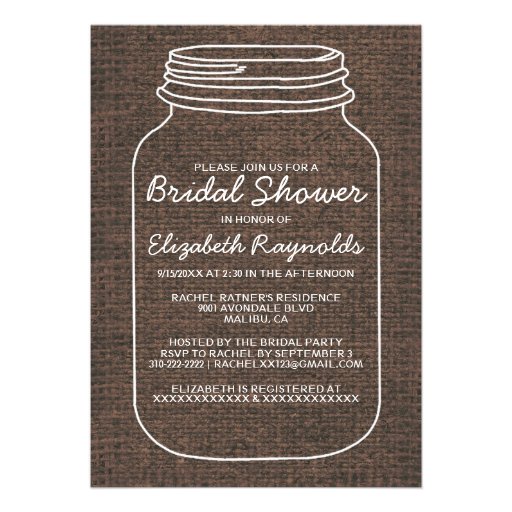 Brown Rustic Burlap Mason Jar Bridal Shower Invite