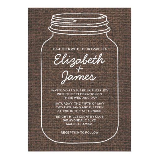 Brown Rustic Burlap Mason Jar Wedding Invitations