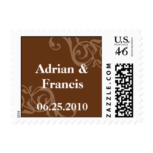 Brown scroll save the date wedding postage stamps