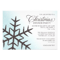 Brown snowflake pale aqua Christmas dinner party invitations