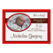 Brown Stripe Red Birth Announcements