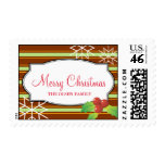 Brown stripes holly merry christmas snow flakes postage stamp