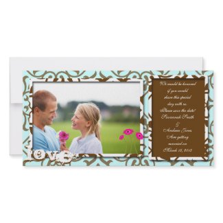 Brown Swirl Damask & Gerbers on Blue Save The Date photocard