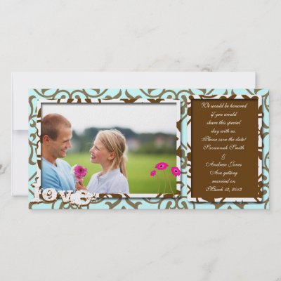 Brown Swirl Damask & Gerbers on Blue Save The Date Personalized Photo Card
