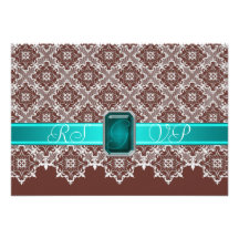 Brown & Teal Lace Jeweled RSVP Invitation